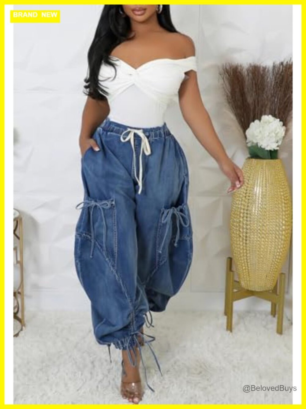 Baggy Cargo Jeans Joggers Drawstring High Waist Loose Wide Leg Denim Pants with - Picture 3 of 7